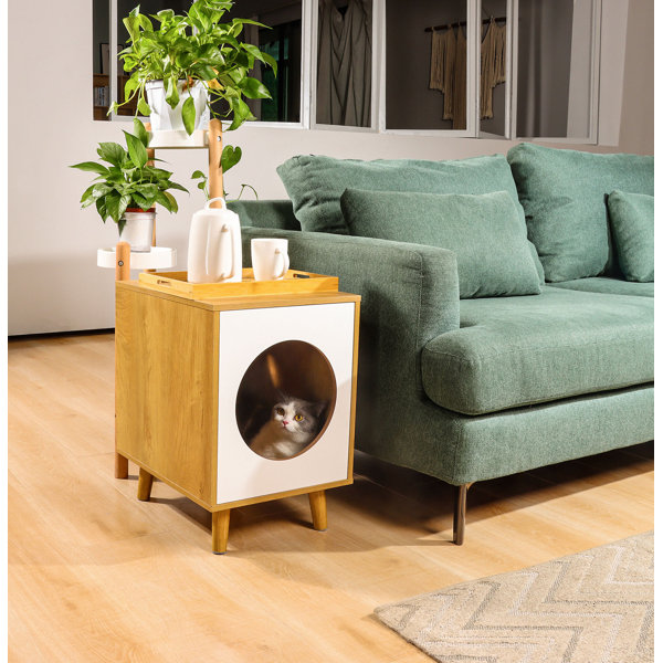 Orren Ellis Wooden Cat House End Table, Cat Condo Bed Side Table